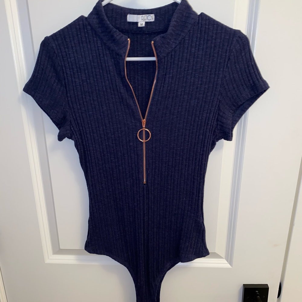 Rose gold and navy zip up bodysuit